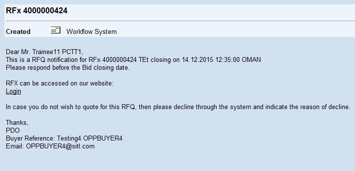 RFX Notification Vendor When PDO publishes RFX it generates an individual email to each