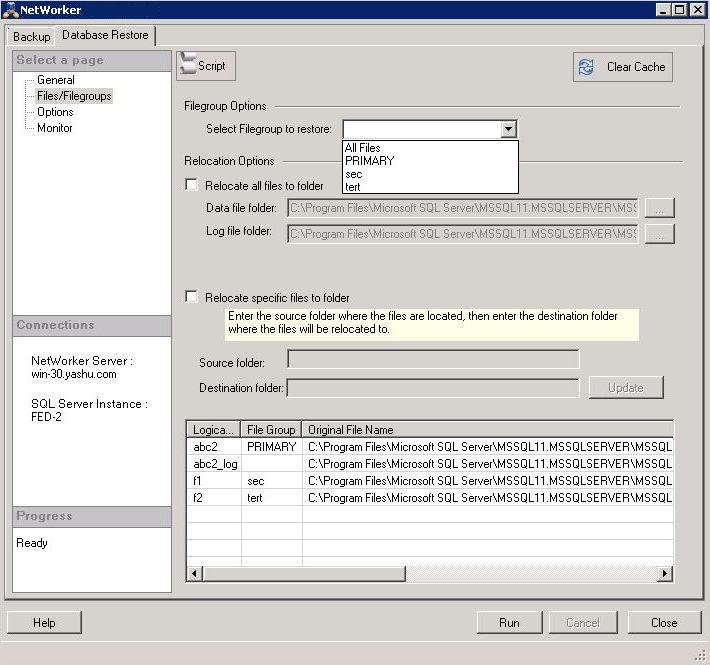 Data Recovery Figure 32 NetWorker dialog box Database Restore Files/Filegroups page 7.