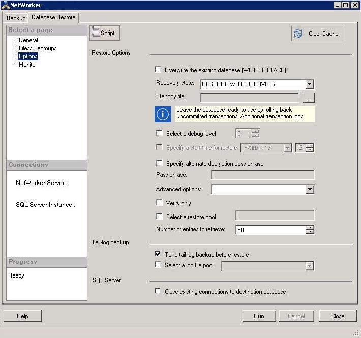 Data Recovery Figure 33 NetWorker dialog box Database Restore Options page 10.