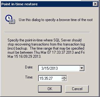Data Recovery Figure 55 Point in time restore dialog box 5. In the Date field, specify the restore time date for the marked backup version. The syntax for this text box is mm/dd/yyyy.