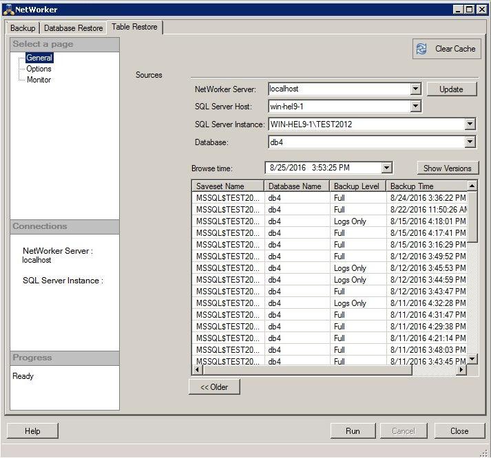 Granular-Level Recovery Figure 62 NetWorker dialog box Table Restore General page 3. Select the NetWorker server where the backup is located from the NetWorker Server list.