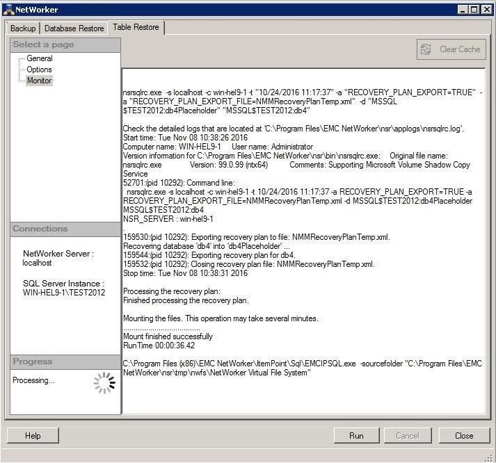 Granular-Level Recovery 12. To mount the selected backup, click Run. After clicking Run, ItemPoint for Microsoft SQL Server opens and the NMM SSMS plugin GUI switches to the Monitor page.