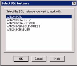 Select the icon to view the Select SQL Instance window. The Select SQL Instance window is shown in the following figure.