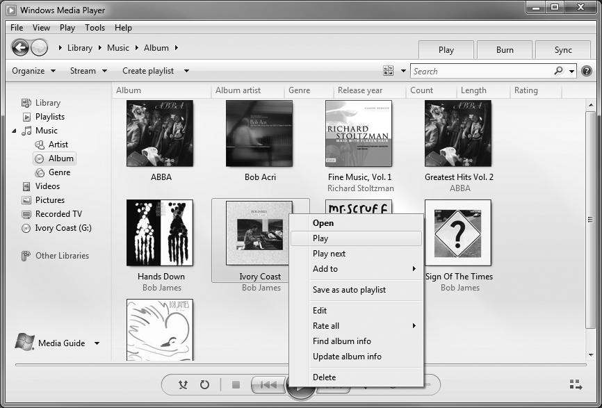 C 528 / 14 Copy Music from CDs for Videos & Slideshows To play an album, just right-click it and choose Play from the menu that appears.