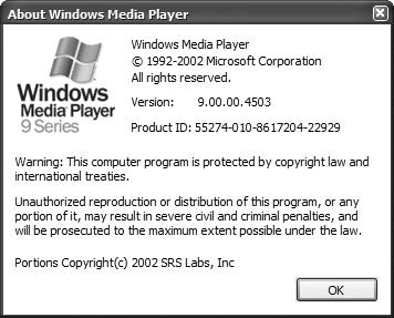 Copy Music from CDs for Videos & Slideshows C 528 / 3 2. When the program has started, open the Help menu at the top of the window and choose About Windows Media Player. 3. A little dialog similar to the one pictured in the following screenshot will appear.