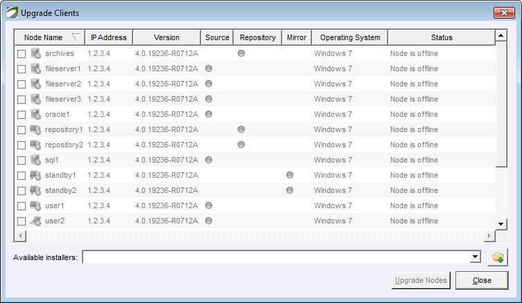 Figure 4 Data Instance Director Clients list Select the check boxes on the nodes to upgrade and choose the installer version to use from the Available installers combo box at the bottom of the dialog.