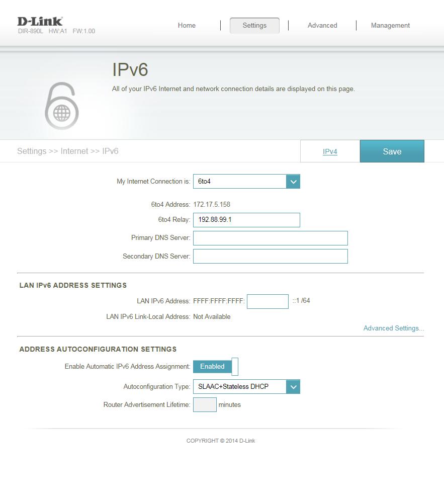 Section 4 - Configuration 6 to 4 In this section the user can configure the IPv6 6 to 4 connection settings.