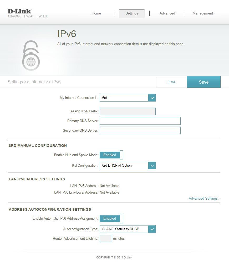 Section 4 - Configuration In this section the user can configure the IPv6 6rd connection settings.