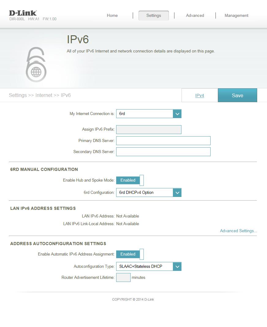 Section 4 - Configuration Enable Automatic IPv6 Address Assignment: Auto Configuration Type: Router Advertisement Lifetime: Check to enable the Automatic IPv6 Address