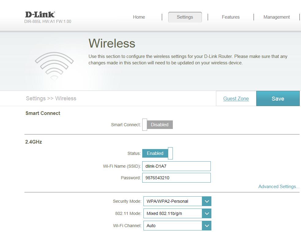 Section 4 - Configuration Wireless In the Settings menu on the bar on the top of the page, click Wireless to see the wireless configuration options.