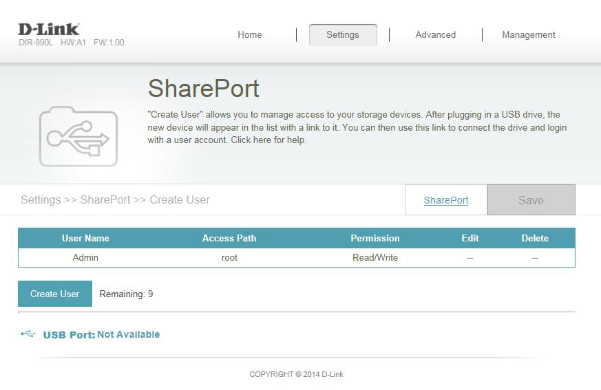 Section 4 - Configuration Create User The Create User page allows you to manage your SharePort user accounts.