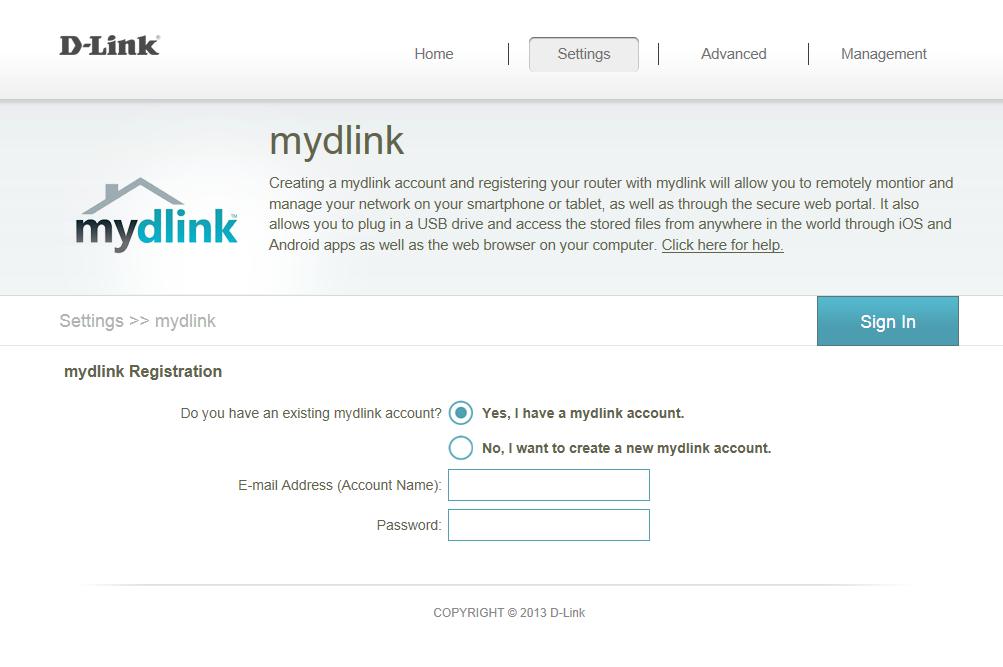 In the Settings menu on the bar on the top of the page, click mydlink. If you do not already have a mydlink account, click No, I want to create a new mydlink account.
