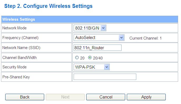 WPA-PSK/WPA2-PSK Item Network Mode Frequency(Channel) Network Name (SSID) Security Description Click to select network mode from pull down menu.