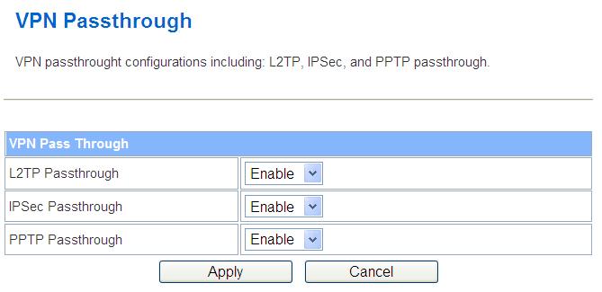 3.4 VPN Passthrough Item L2TP Pass through Description Select enable or disable the L2TP pass-through function from pull-down menu.