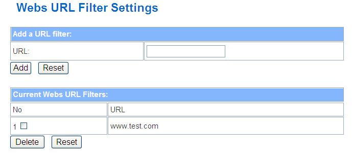 Filters URL Delete Reset Item Description Select an option or multi-option for Webs content filter. Then click Apply button to save or click Reset button to clear all.
