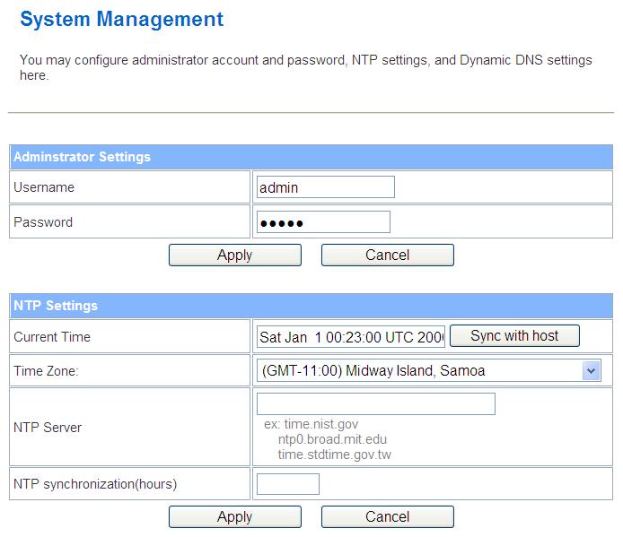 4.3.6 Administration 4.3.6.1 Management Item Username Password Current Time Time Zone NTP Server NTP synchronization Description Fill in the user name for web management login control.