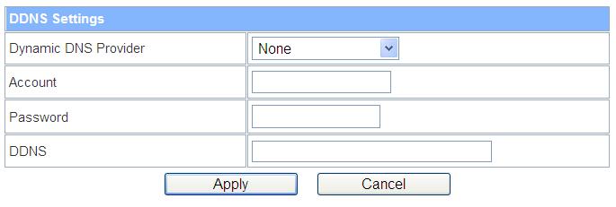 Item Dynamic DNS Provider Account Password DDNS Description Click the drop down menu to pick up the right DDNS provider you registered.