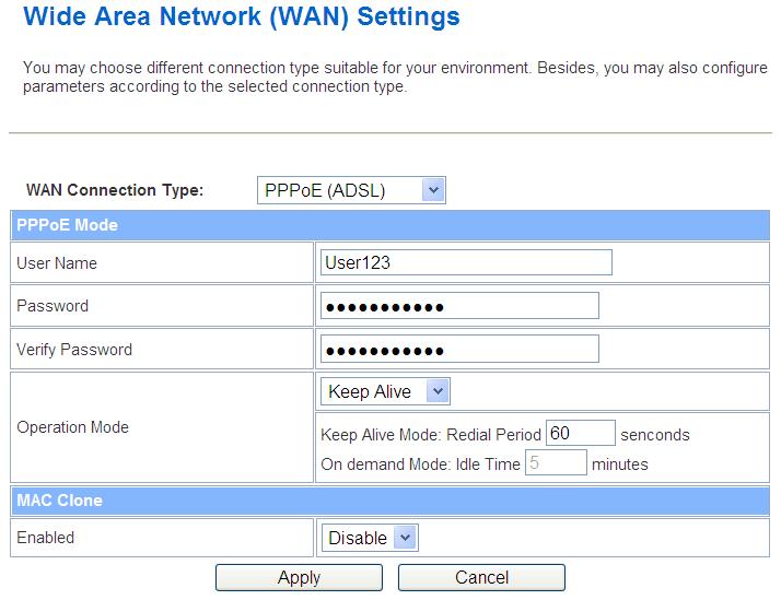 1. Configure the WAN interface: Open Wide Area Network (WAN) Settings page, select PPPoE then enter the User Name user123 and