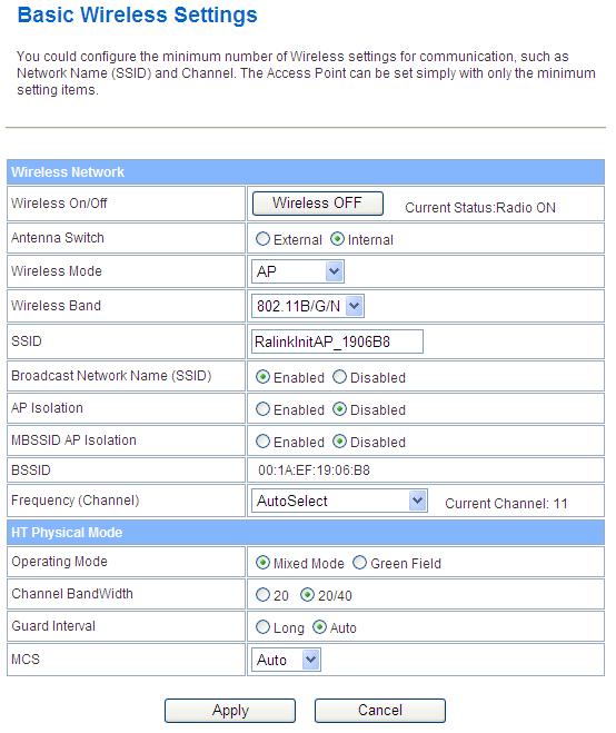 3. Configure the WLAN interface: Open Basic Wireless Settings page, enter the SSID