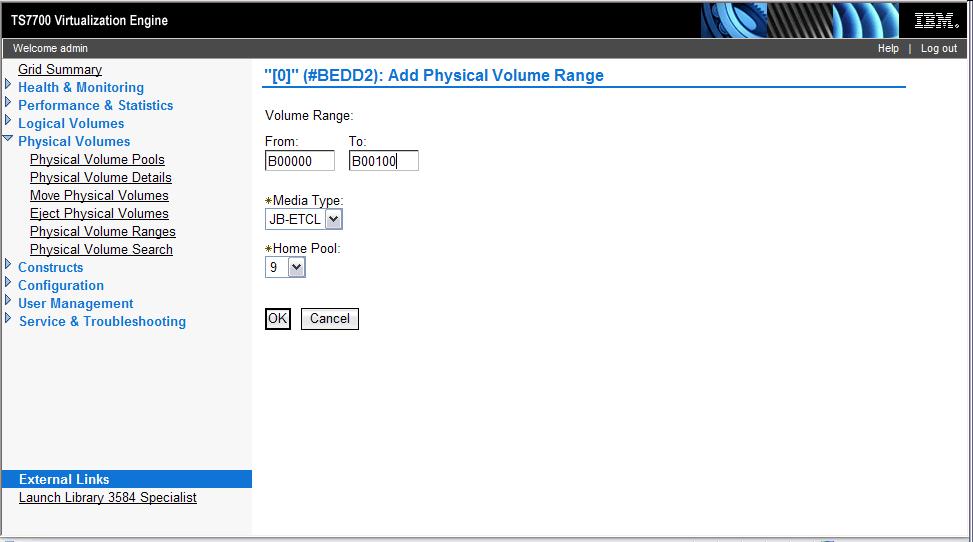 To add a range on the TS7700: 1. Select Add from the Select Action options then press Go 2. Enter volsers in the From and To fields. In this example, a range from B00000 to B00100 is being defined.. 3.