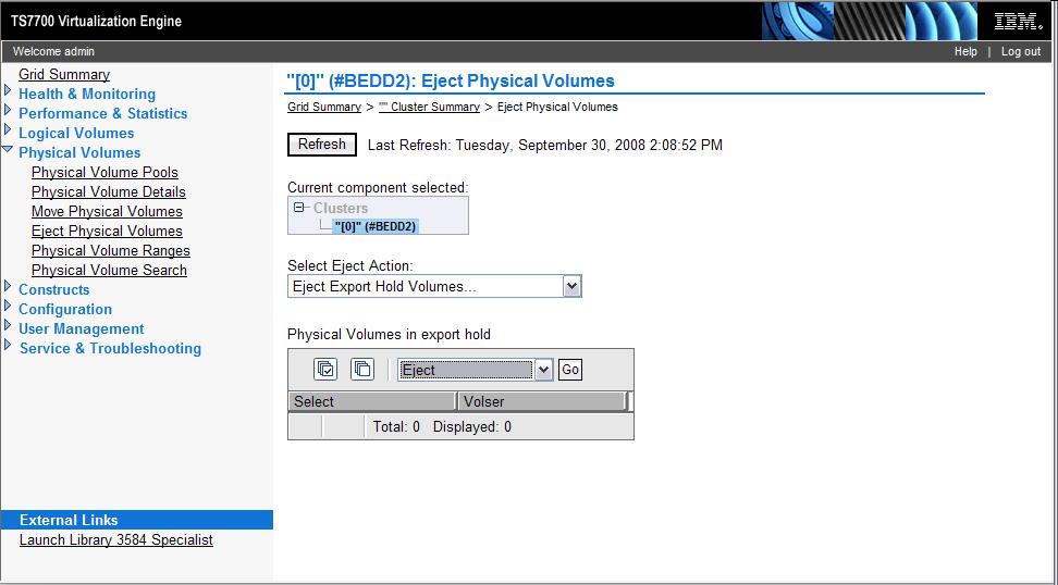 Manage Export Hold Volumes Begin by selecting the Eject Physical Volumes tab. The figure below shows the Eject Physical Volumes panel: 1.