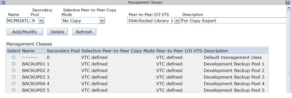 Appendix B Processes on Pre 8.5.x.x Systems Management Class Definition Begin by selecting the Manage Constructs menu from the Administer VTS x (where x is the TS7700 you are using) menu.
