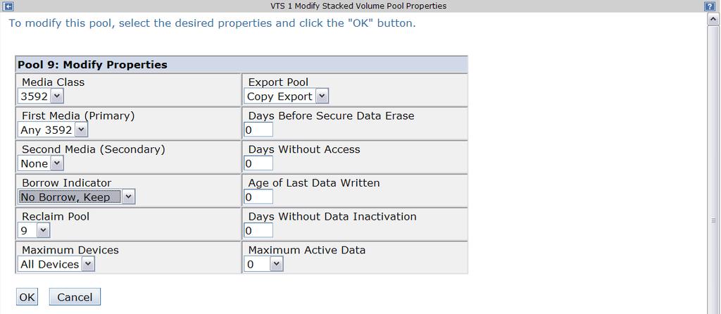 Manage Storage Pool Properties Begin by selecting Manage storage pool properties from the Administer VTS x (where x is the TS7700 you are using) menu. Then click on the pool to be modified.