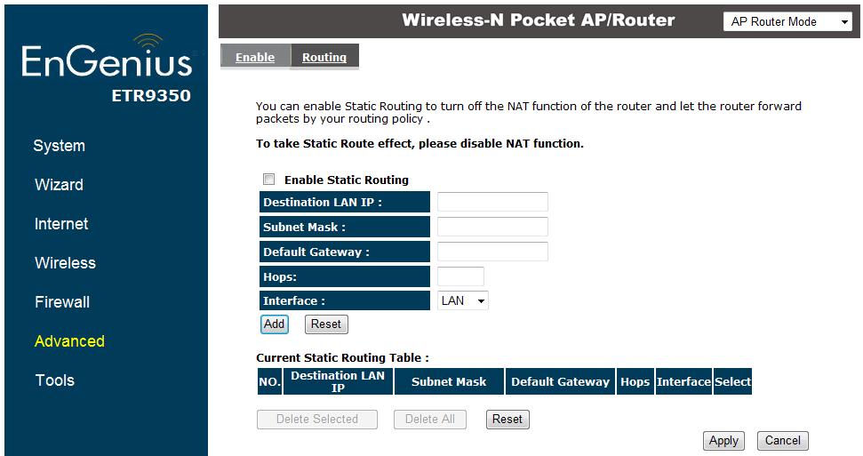 100 Routing If your TRAVEL ROUTER device is connected a network with different subnets, then this feature will allow the different subnets to communicate with each other.