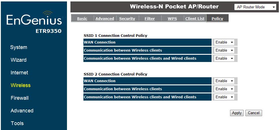 83 Policy This page allows you to configure the access policies for each SSID (wireless network).