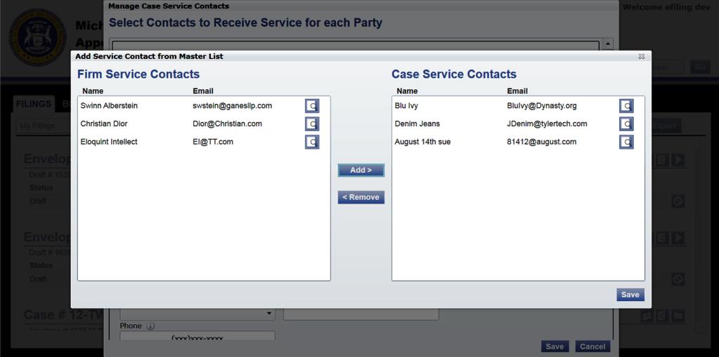 efiletexas.gov Figure 14.20 Add Service Contact from Master List Page 5. From the Firm Service Contacts list, select the service contact that you want to remove. 6.