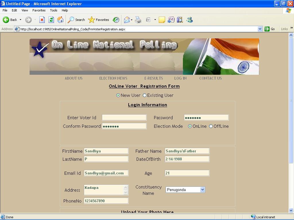 Figure :1 Interface where the user enters input for registering online where he/she