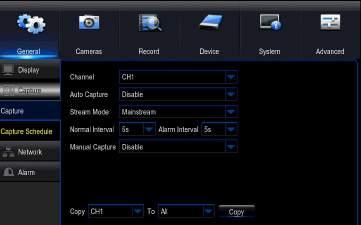 7.1.2 Capture a. Capture: turn channel capture capabilities on or off. Channel: Select channel to edit. Auto Capture: Enable/disable capture feature on selected channel.