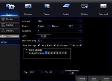 7.1.4 Alarm a. Motion: configure the motion alarm settings for your DVR system. Channel: select the channel to configure motion alarm settings. Enable: activate motion alarms.