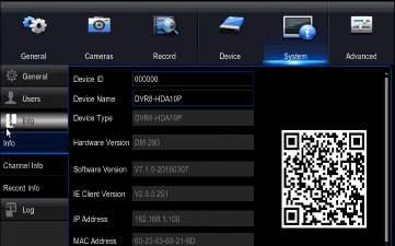 7.5.3 Info a. Info: View your DVR system s information and specifications at a glance.