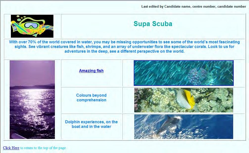 Page 2 Mark Scheme: Teachers version Syllabus Paper Top right Last edited by & name & No s style h5 <HTML> <HEAD> Images Correct cells 5 marks <TITLE>Supa Scuba</TITLE> <link rel="stylesheet" type