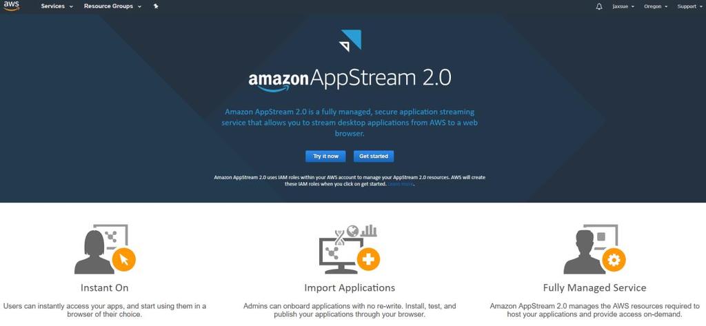 Figure 5: The AppStream 2.0 first experience page. Note: If the AppStream 2.0 navigation page appears instead, skip to step 5. 3. Choose Get started. 4.