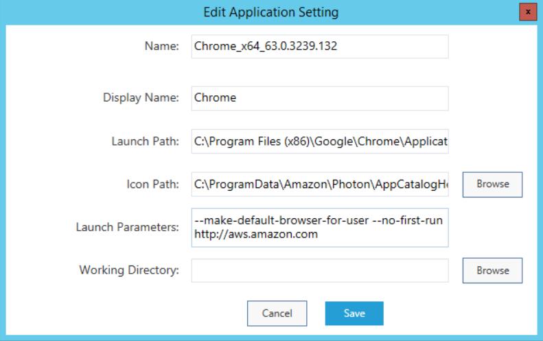 Figure 15: Settings for the Chrome application. 5. On the Add Apps tab, choose Add Application to add the second application to stream, Notepad++. 6.