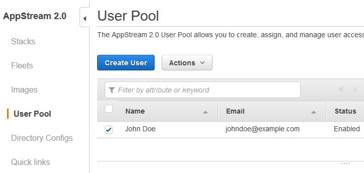 4. After a few moments, the User Pool list refreshes, and the user is listed and enabled. Figure 30: The User Pool dashboard showing the newly created user. Assign a stack to the user 1.