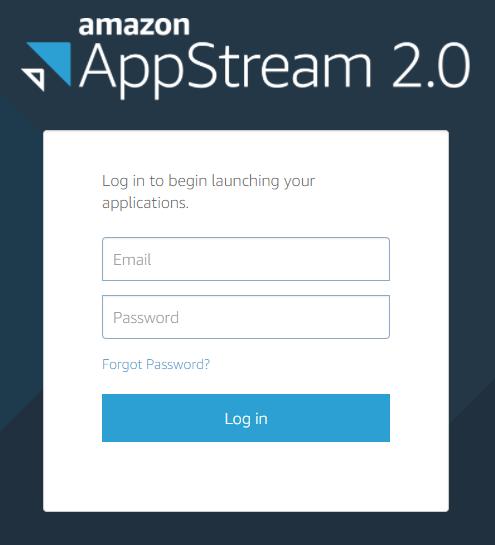 Figure 32: The AppStream 2.0 user login prompt. 2. Type the email address used for the user that you created and the temporary password that was provided in the email, and then choose Log in. 3. When prompted, type a new password, confirm it, and then choose Set Password.