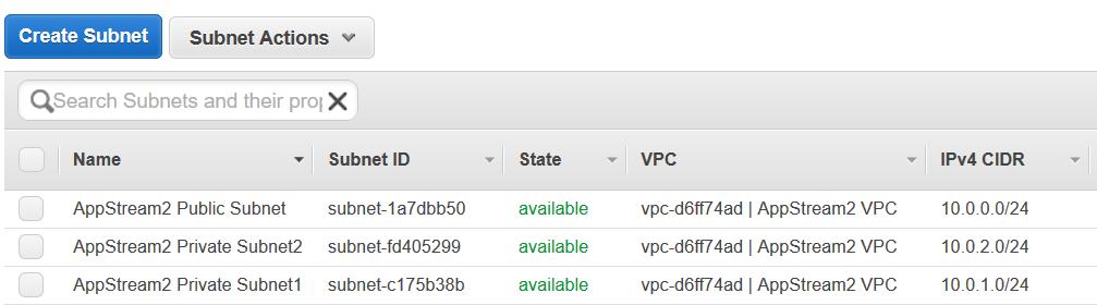 Figure 4: Subnets created by AWS CloudFormation. Note: The Subnet ID and VPC values will differ for your subnets. 8.