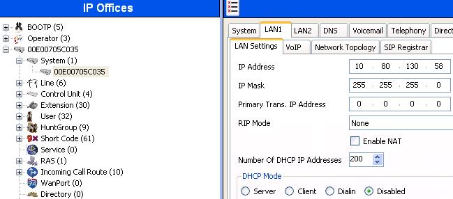 4. Select the LAN1 tab followed by the LAN Settings tab and set IP Address of the IP Office on the enterprise side to 10.80.130.58 and IP Mask to 255.255.255.0. Check the DHCP Mode Disabled box. 5.