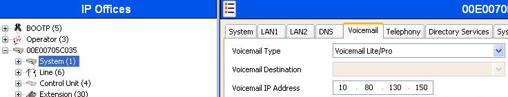 5.3.3. Voicemail Select Voicemail tab and configure as follows: Voicemail Type Set to Voicemail Lite/Pro from the drop-down list Voicemail IP Address Set to 10.80.130.