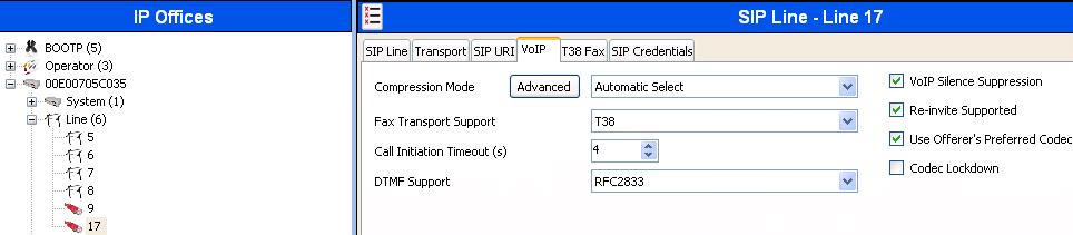5.4.4. SIP Line - VoIP Tab Select the VoIP tab and configure as follows: Compression Mode Set to Automatic Select from the drop-down list. Fax Transport Support Select T38 from the drop-down list.