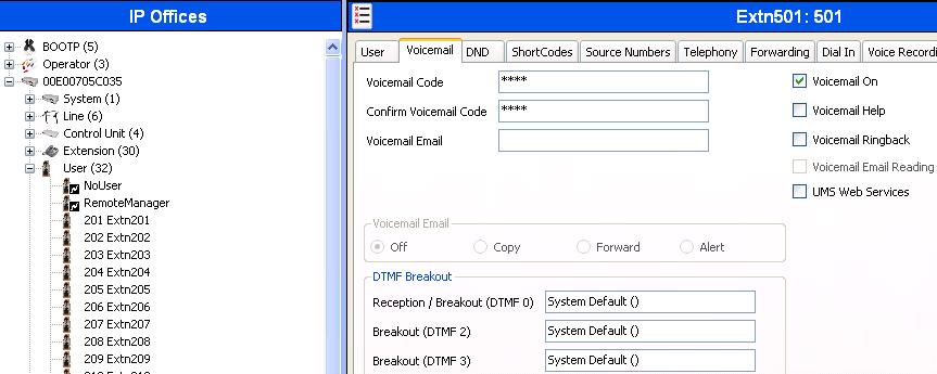 Like the user with extension 217, the SIP tab for the user with extension 501 is configured with a SIP Name, SIP Display Name (Alias) and Contact.
