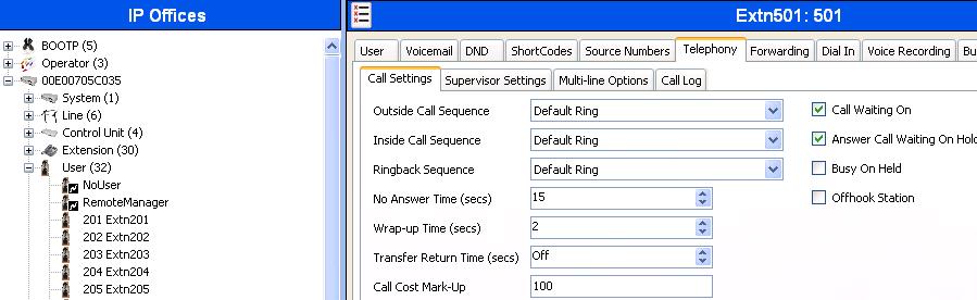Select the Call Settings tab as shown below.