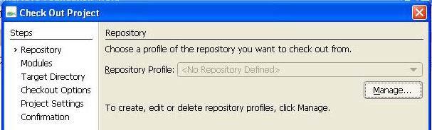 The Welcome to SmartCVS dialog box will initially appear with an option to check out a project from the repository.