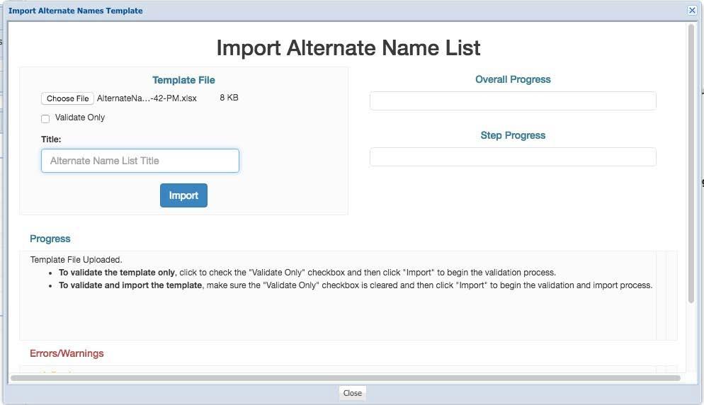 Names Template dialog box to import the new ANL.