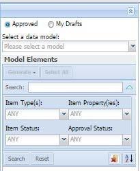 3.1.2 Conduct a Search Once the approval status and data model have been selected, you can begin conducting a search for model elements by entering search terms in the Search; box.