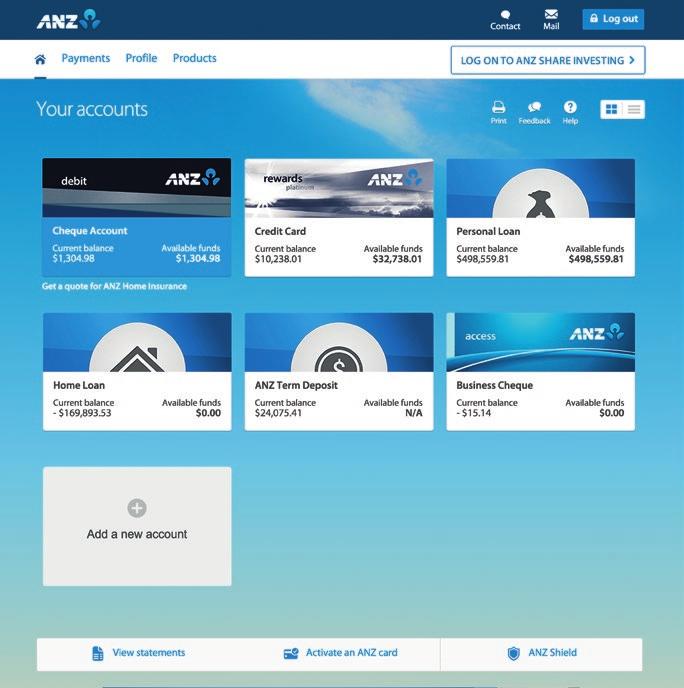 VIEWING YOUR ACCOUNTS Once you click Log On, the home page opens up automatically so you can see the account balances and available funds in the accounts you ve linked to your ANZ Internet Banking.