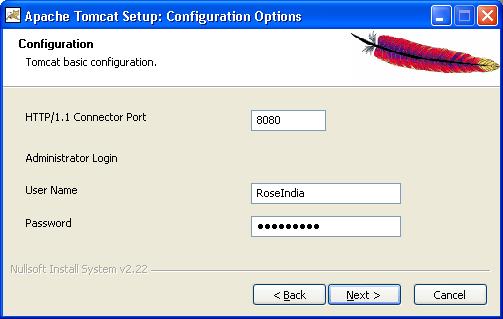 4 Tomcat installation guide Choose the default components and click on the 'Next' button. Step 6: A screen shot of 'Configuration Options' displays on the screen.